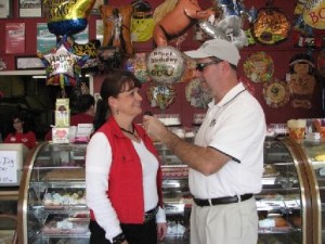 Julie Goodnight Co-owner of Ed's Bakery talks with Bob Connell