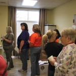 The workers line up for lunch