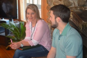  Leadership participants Amanda Crider (Citizens Bank) (left) and Landon Downing (Lyon College) (right) share personal experiences during the Leadership Batesville retreat ice breaker session.