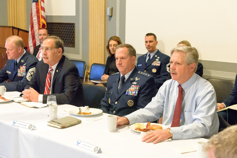 (Pictured: Chief Master Sergeant of the Air Force James Cody, U.S. Senator John Boozman (R-AR), Chief of Staff of the Air Force General David Goldfein and U.S. Senator John Hoeven at the Senate Air Force Caucus breakfast)