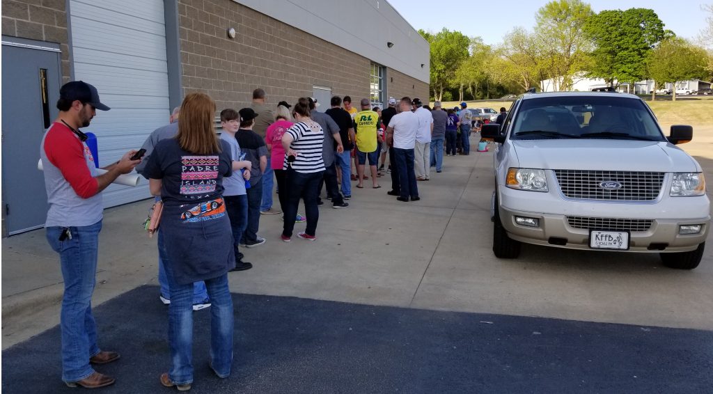 The end of the line that wraps through the building and outside to meet Mark Martin