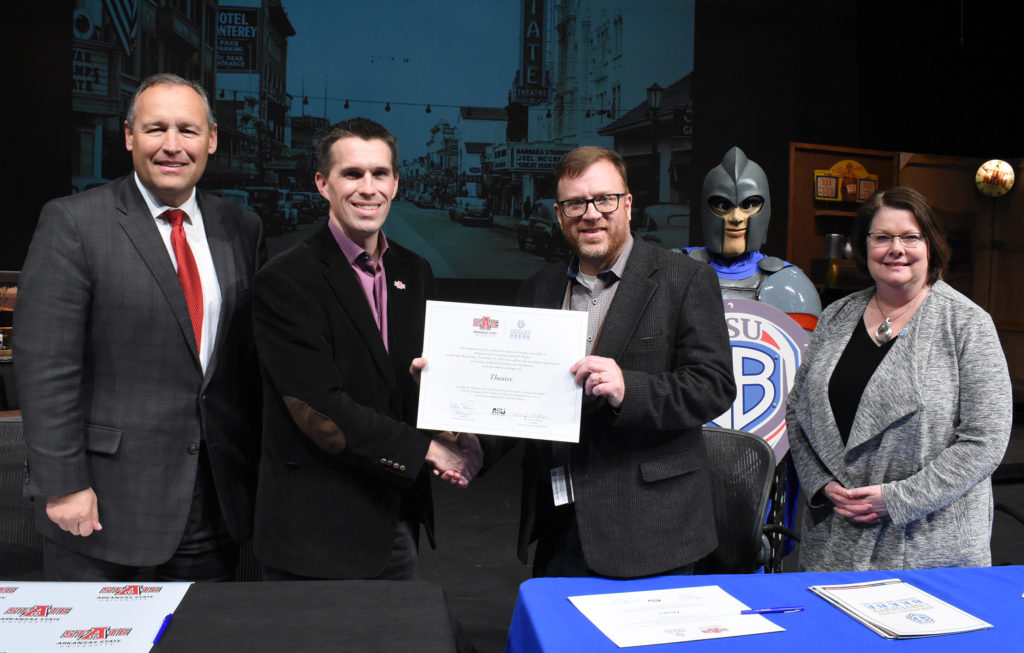 Participants in the signing ceremony at ASU-Beebe included (from left) Dr. Kelly Damphousse, Marc Williams, Ryan Gibbons and Dr. Jennifer Methvin.